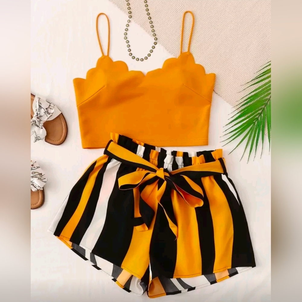 VCAY Scallop Trim Cami Top & Paperbag Waist Striped Shorts Two Piece Set